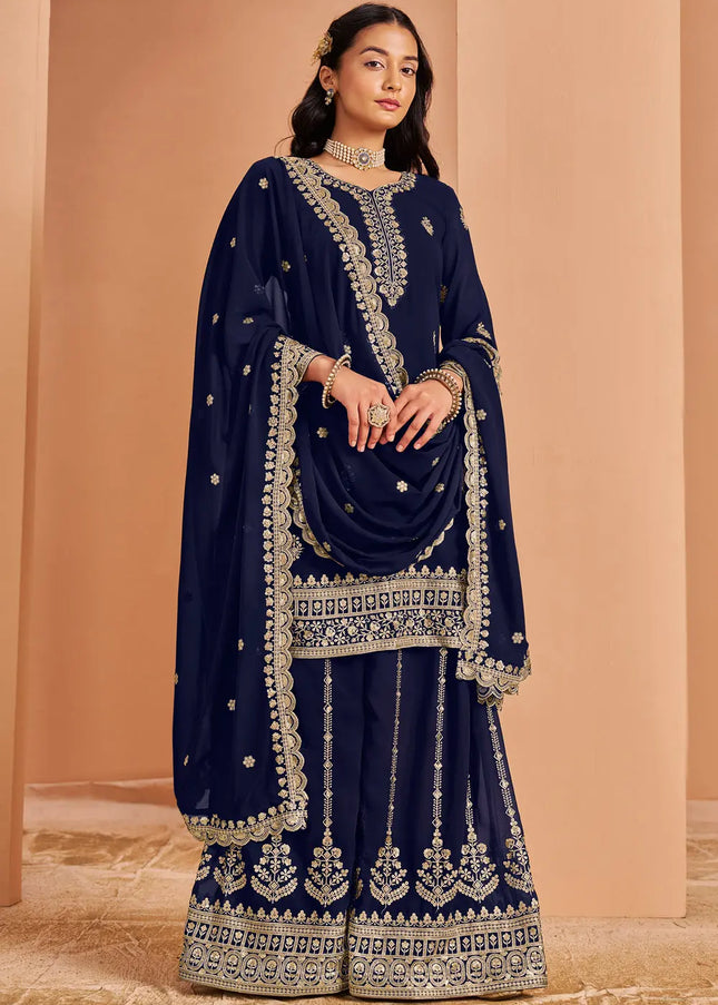 Navy Blue Embroidered Sharara Suit