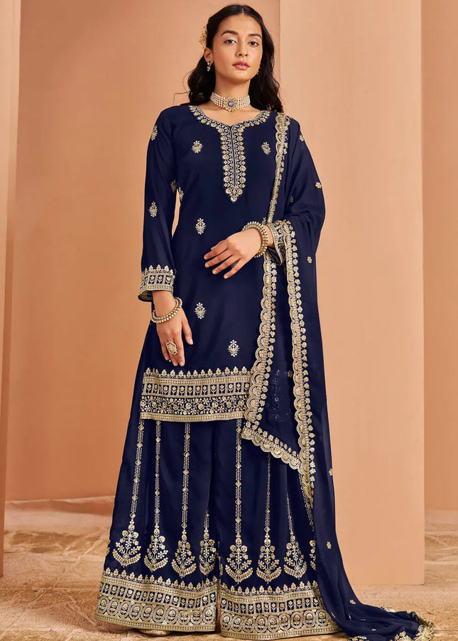 Navy Blue Embroidered Sharara Suit