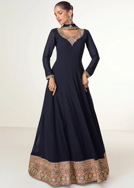 Navy Blue Embroidered Anarkali Gown