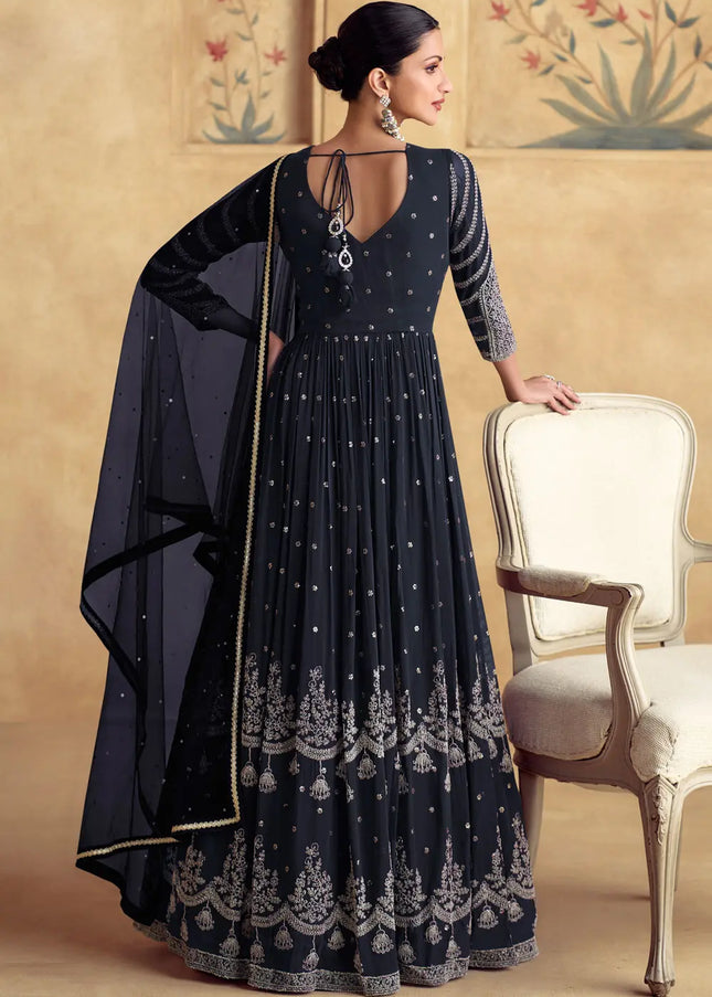 Navy Blue Embroidered Anarkali Gown