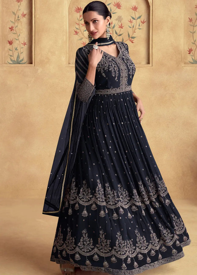 Navy Blue Embroidered Anarkali Gown