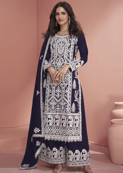 Blue Embroidered Palazzo Suit