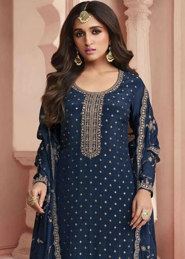 Navy Blue Embroidered Pant Style Suit