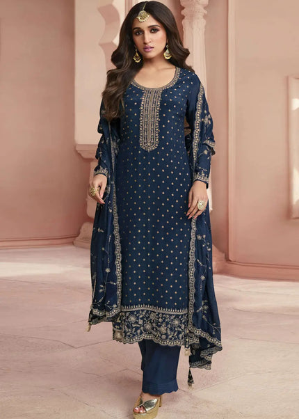 Navy Blue Embroidered Pant Style Suit