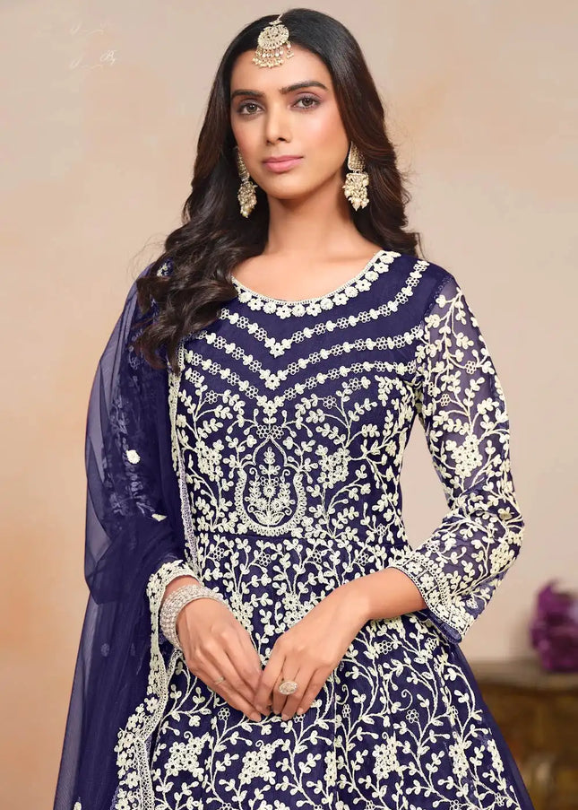 Navy Blue Embroidered Anarkali