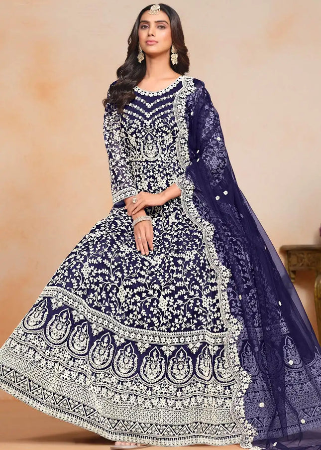 Navy Blue Embroidered Anarkali