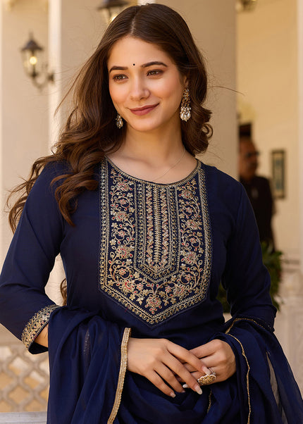 Navy Blue Embroidered Pant Style Suit