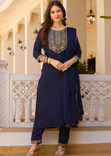 Navy Blue Embroidered Pant Style Suit