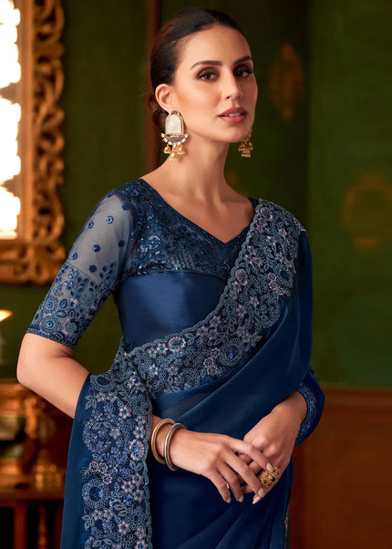 Navy Blue Embroidered Saree