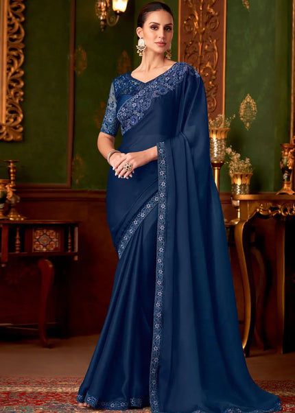 Navy Blue Embroidered Saree