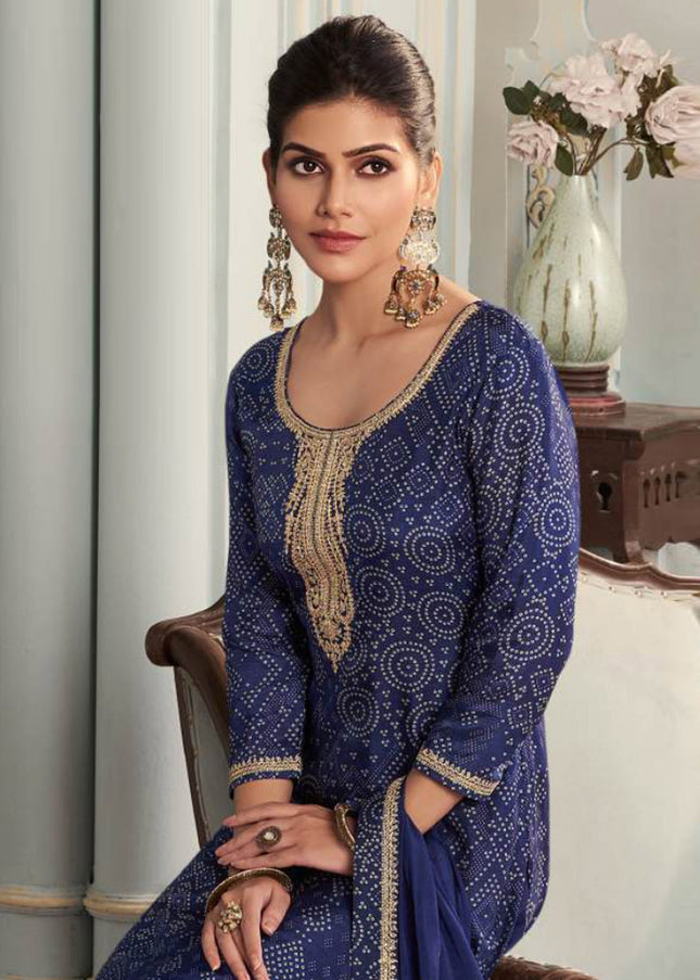 Navy Blue Embroidered Palazzo Suit