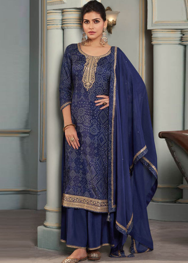 Navy Blue Embroidered Palazzo Suit