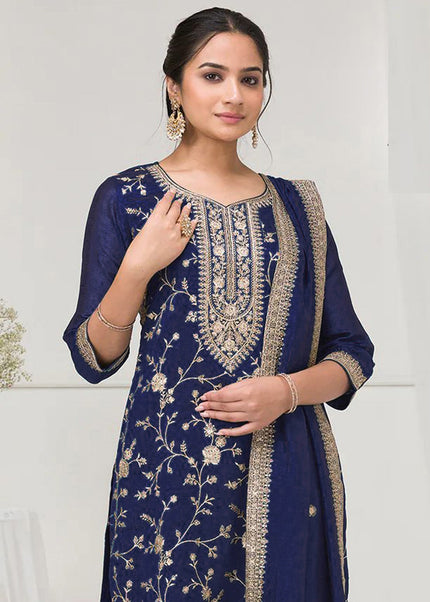 Navy Blue Embroidered Sharara Suit
