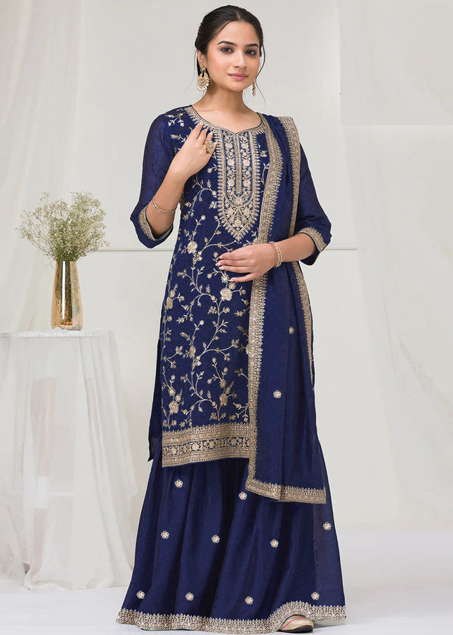 Navy Blue Embroidered Sharara Suit