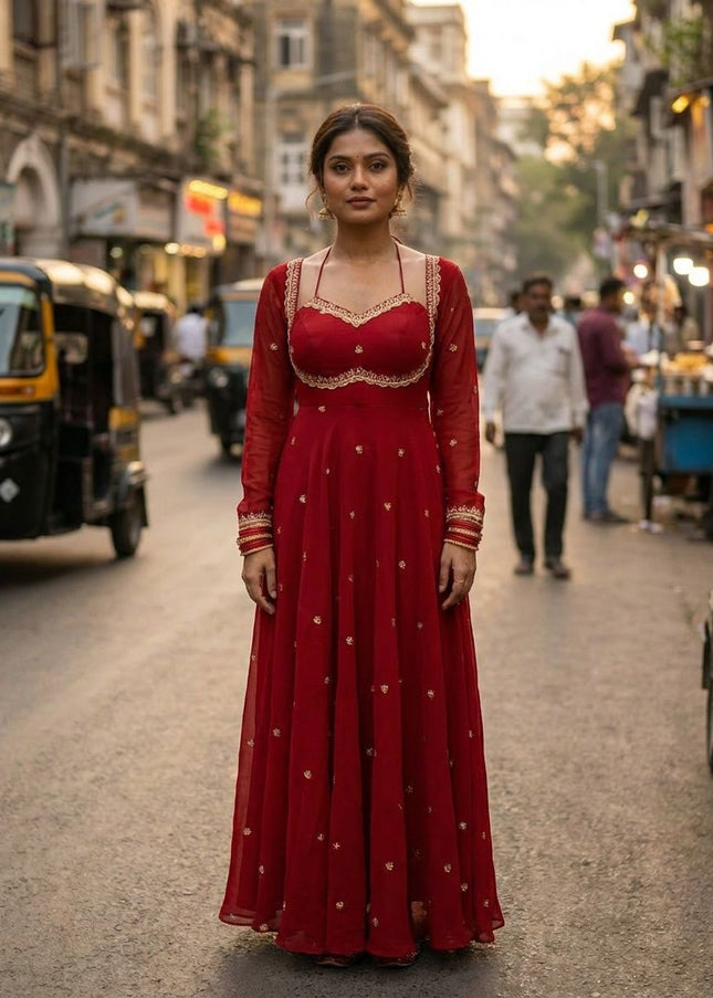 Red Embroidered Anarkali Gown