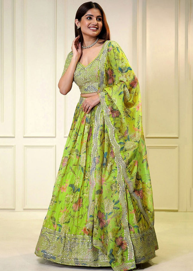 Green Printed and Embroidered Lehenga Choli