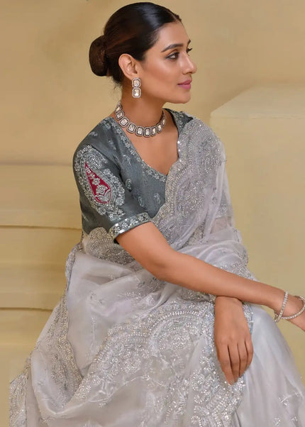 Grey Embroidered Banarasi Saree