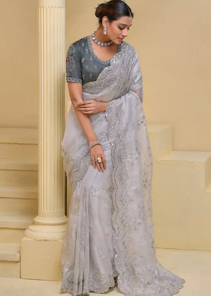 Grey Embroidered Banarasi Saree