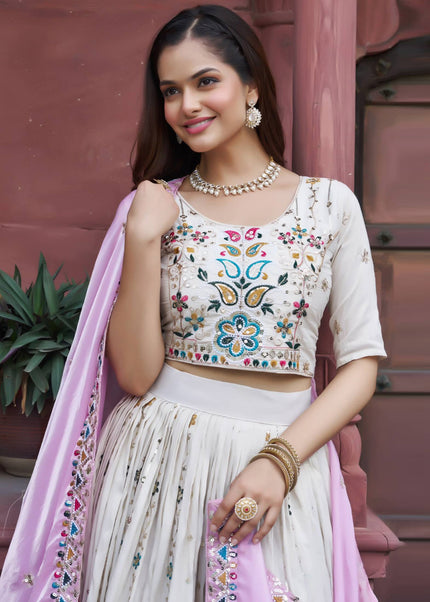 Offwhite and Pink Embroidered Lehenga Choli