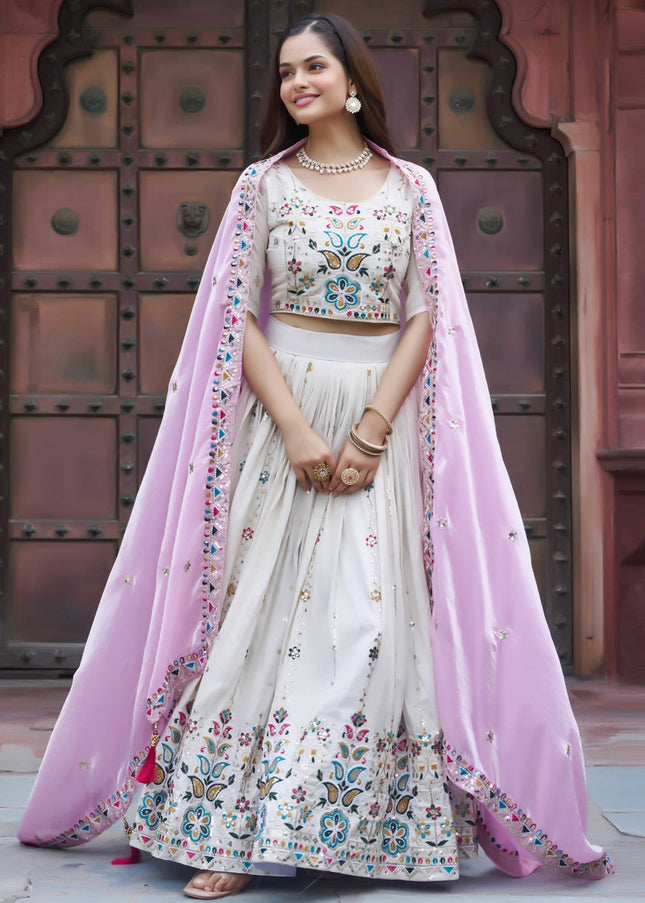 Offwhite and Pink Embroidered Lehenga Choli