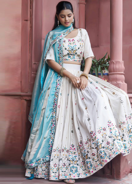 Offwhite and Sky Blue Embroidered Lehenga Choli