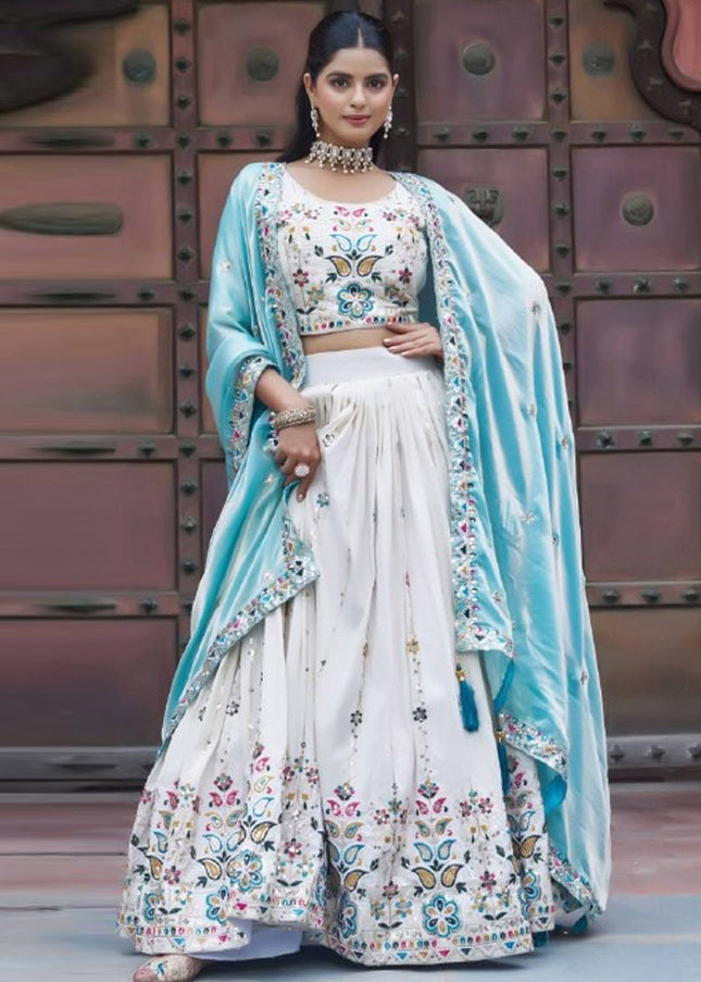 Offwhite and Sky Blue Embroidered Lehenga Choli