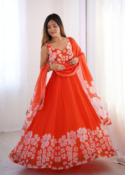 Orange Printed Anarkali Gown