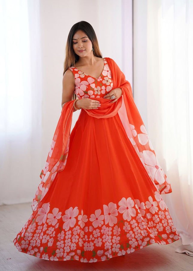 Orange Printed Anarkali Gown