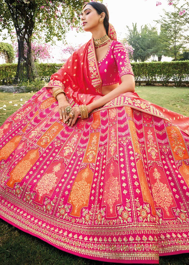 Pink Multicolor Banarsi Silk Wedding Lehenga Choli