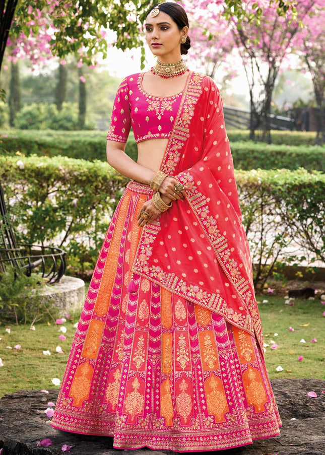 Pink Multicolor Banarsi Silk Wedding Lehenga Choli