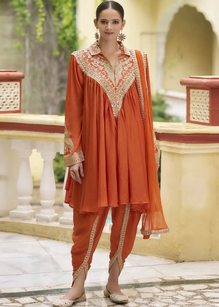 Orange Embroidered Tulip Pant Suit