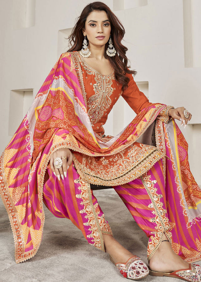 Orange and Pink Embroidered Tulip Pant Style Suit