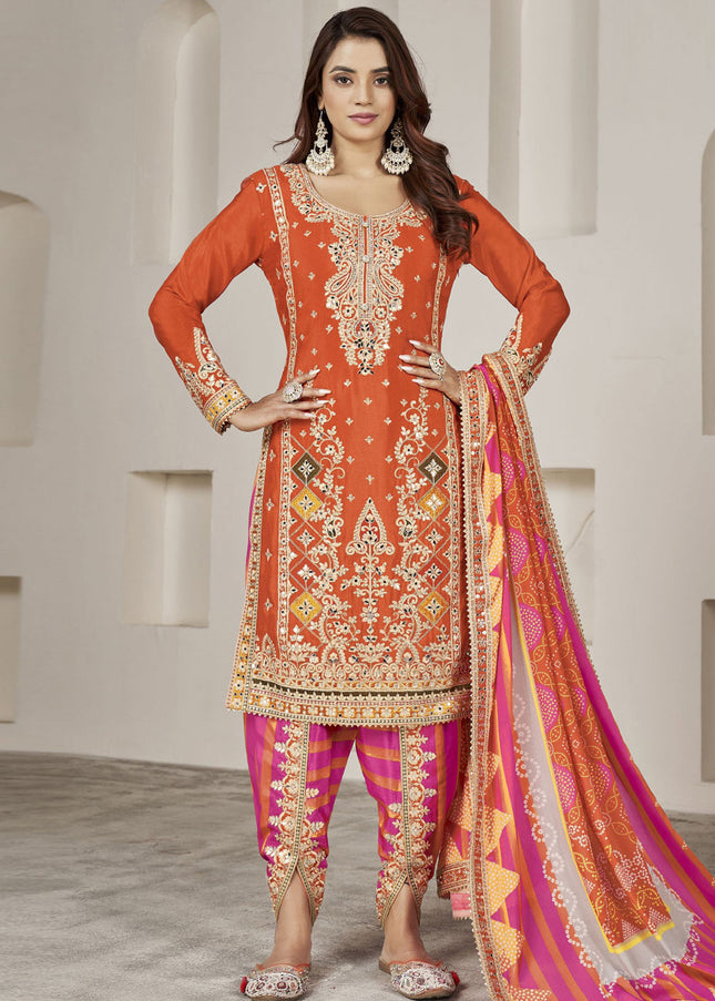 Orange and Pink Embroidered Tulip Pant Style Suit