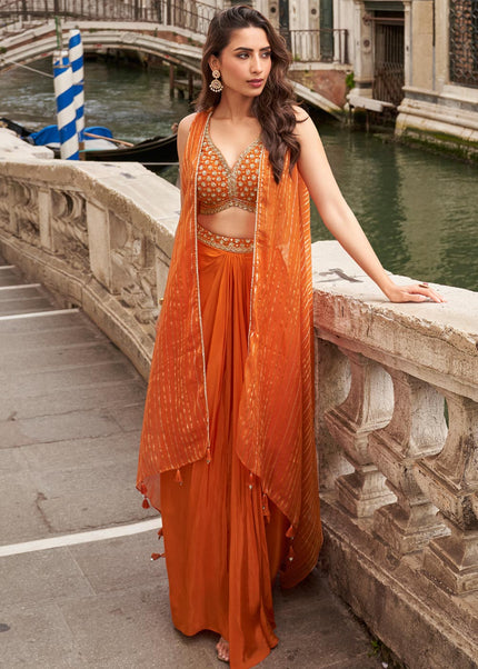 Orange Embroidered Jacket Style Sharara Suit