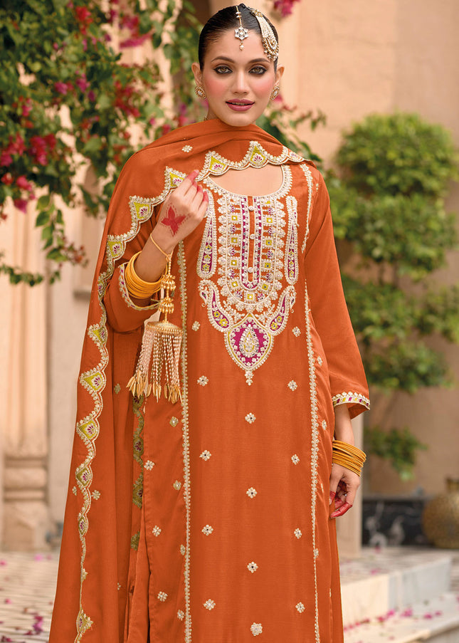 Orange Embroidered Palazzo Suit