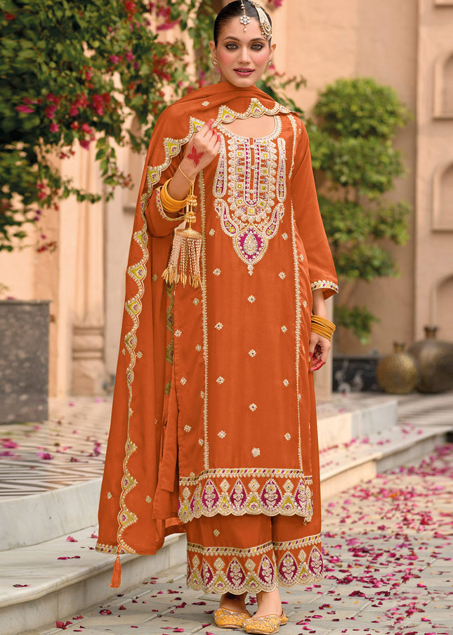 Orange Embroidered Palazzo Suit