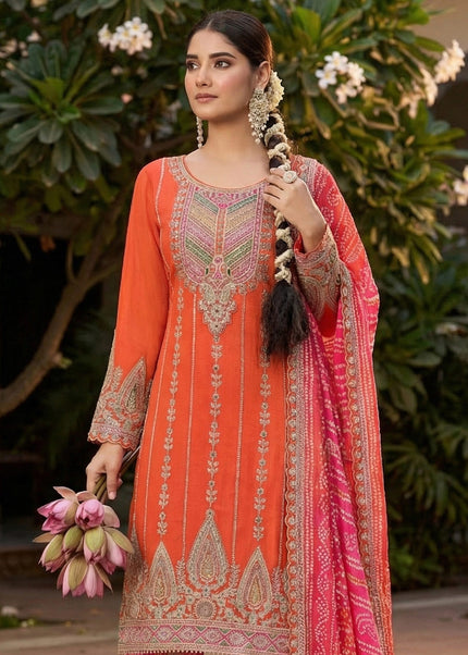 Orange Printed Embroidered Dhoti Style Suit