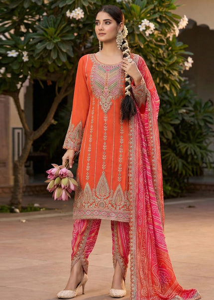 Orange Printed Embroidered Dhoti Style Suit