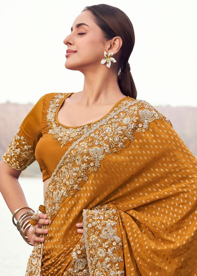 Mustard Yellow Embroidered Wedding Saree