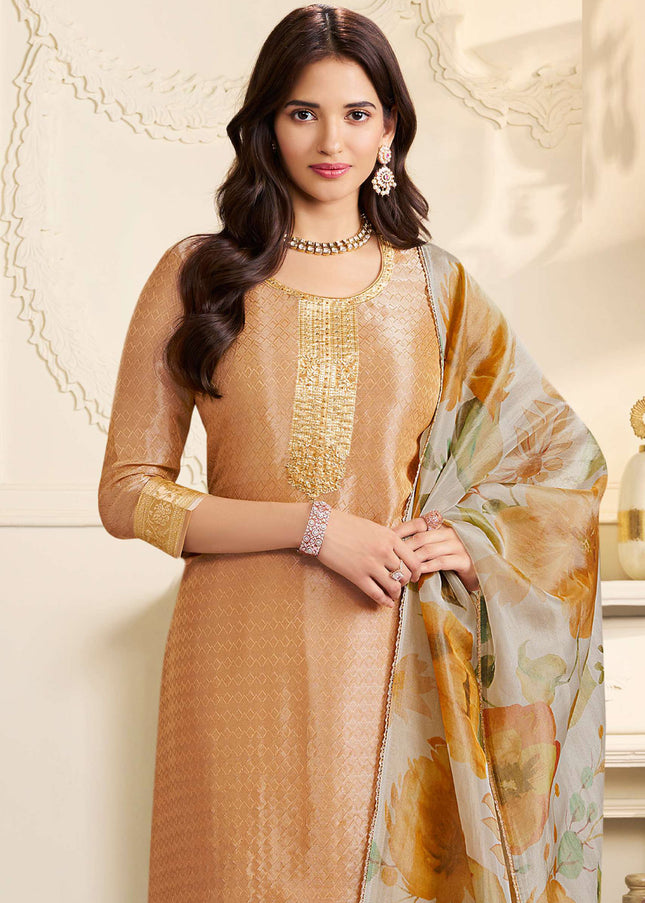 Mustard Yellow Printed and Embroidered Pant Suit