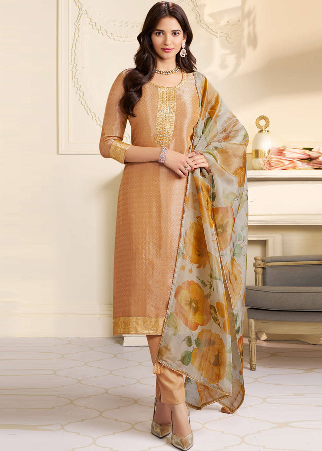 Mustard Yellow Printed and Embroidered Pant Suit