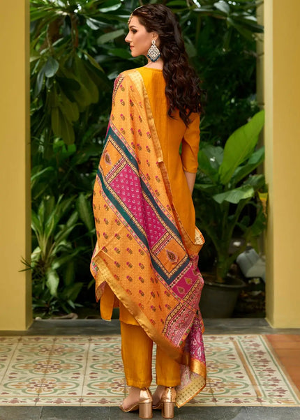 Yellow Printed and Embroidered Pant Suit