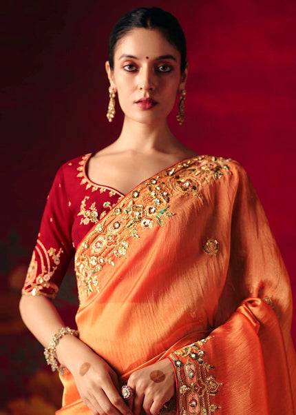 Orange and Red Embroidered Festive Saree