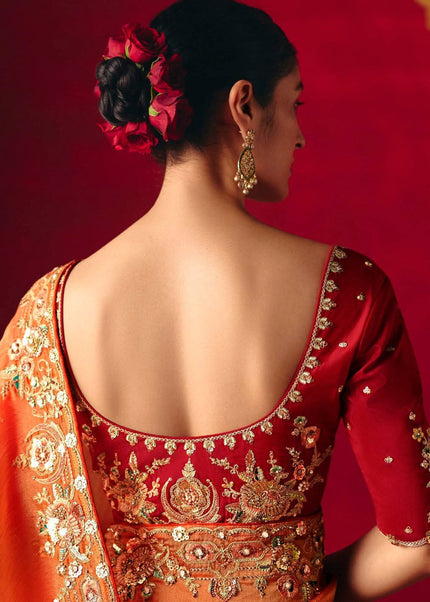 Orange and Red Embroidered Festive Saree