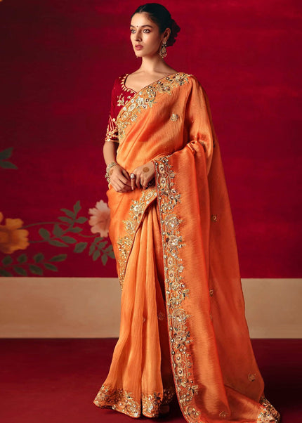 Orange and Red Embroidered Festive Saree