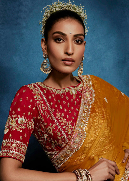 Orange and Red Embroidered Festive Saree