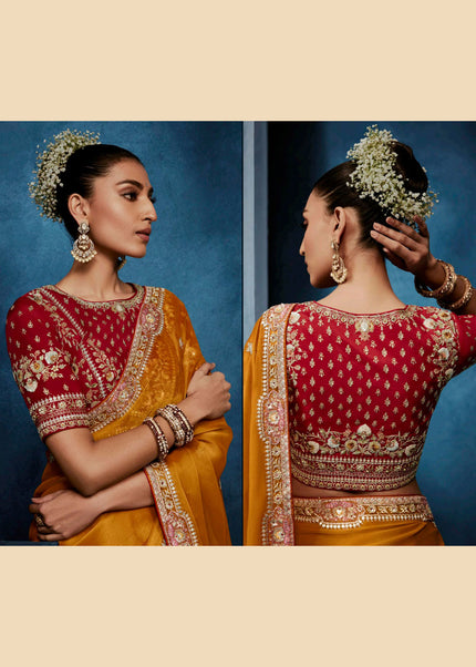 Orange and Red Embroidered Festive Saree