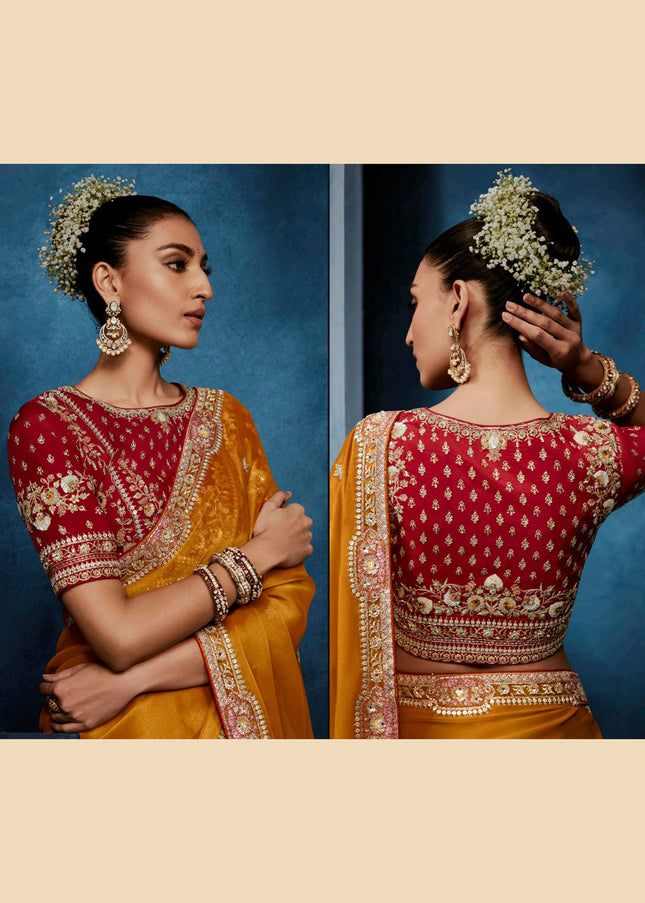 Orange and Red Embroidered Festive Saree