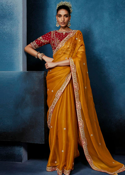 Orange and Red Embroidered Festive Saree