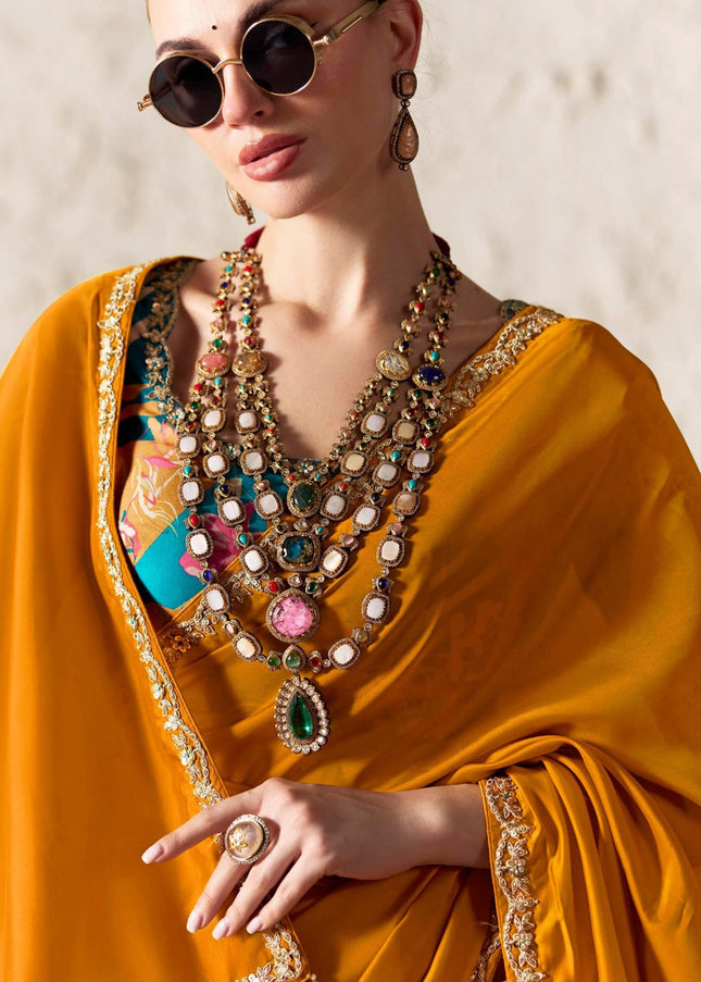 Orange Printed and Embroidered Festive Saree